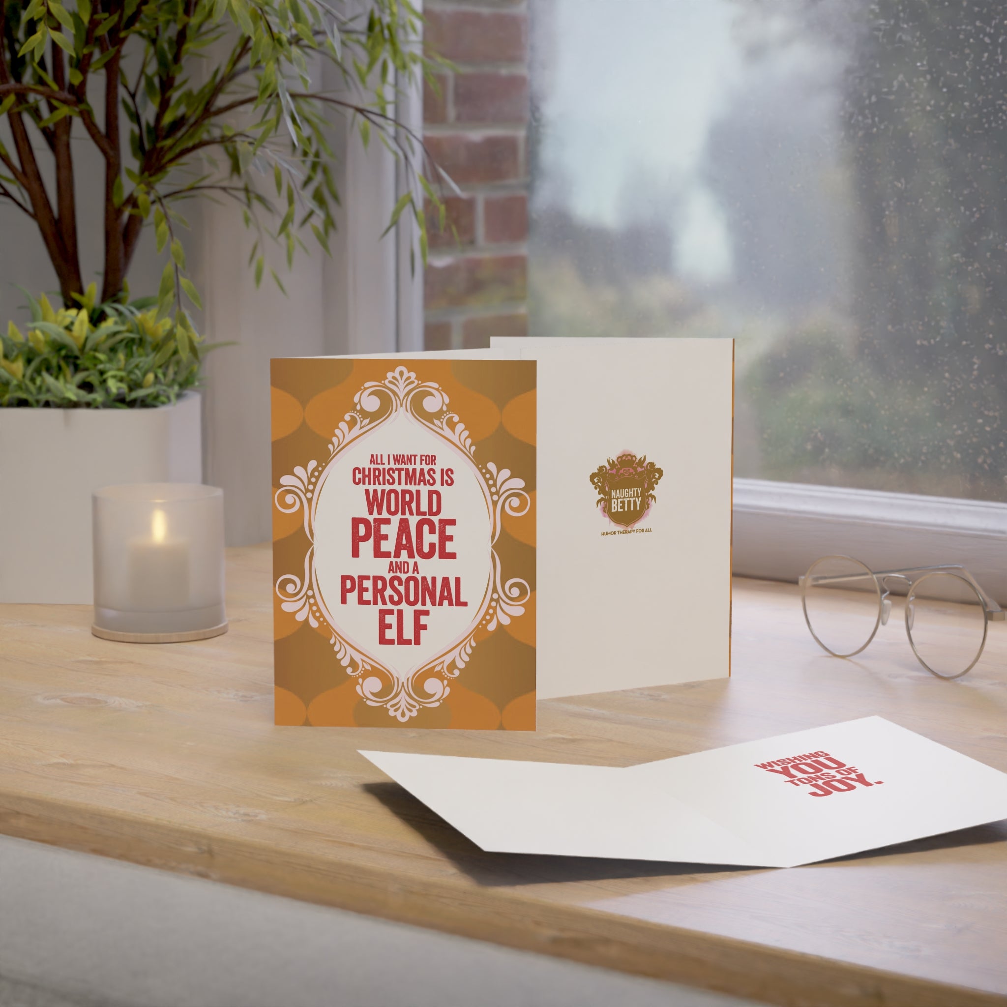 Funny Christmas Greeting Cards — "All I Want for Christmas Is World Peace and a Personal Elf" (Single or Bulk Packs)