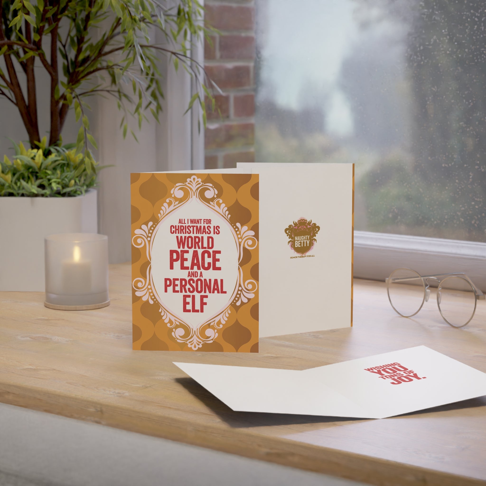 Funny Christmas Greeting Cards — "All I Want for Christmas Is World Peace and a Personal Elf"