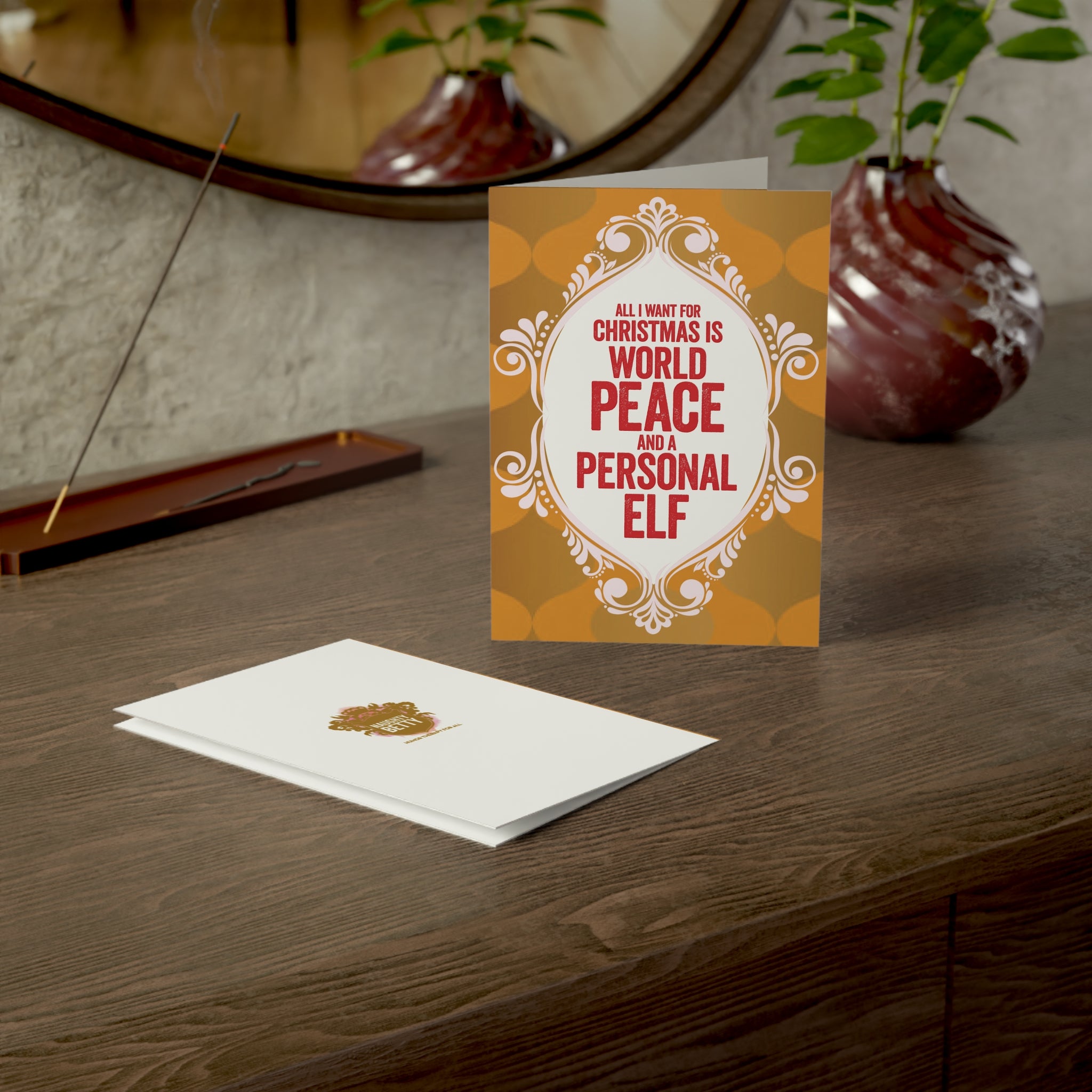 Funny Christmas Greeting Cards — "All I Want for Christmas Is World Peace and a Personal Elf" (Single or Bulk Packs)
