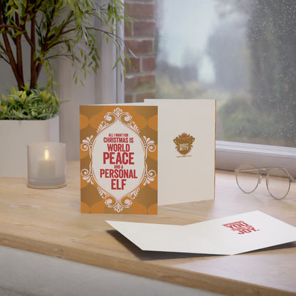 Funny Christmas Greeting Cards — &quot;All I Want for Christmas Is World Peace and a Personal Elf&quot; (Single or Bulk Packs)