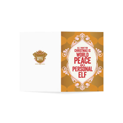 Funny Christmas Greeting Cards — &quot;All I Want for Christmas Is World Peace and a Personal Elf&quot; (Single or Bulk Packs)